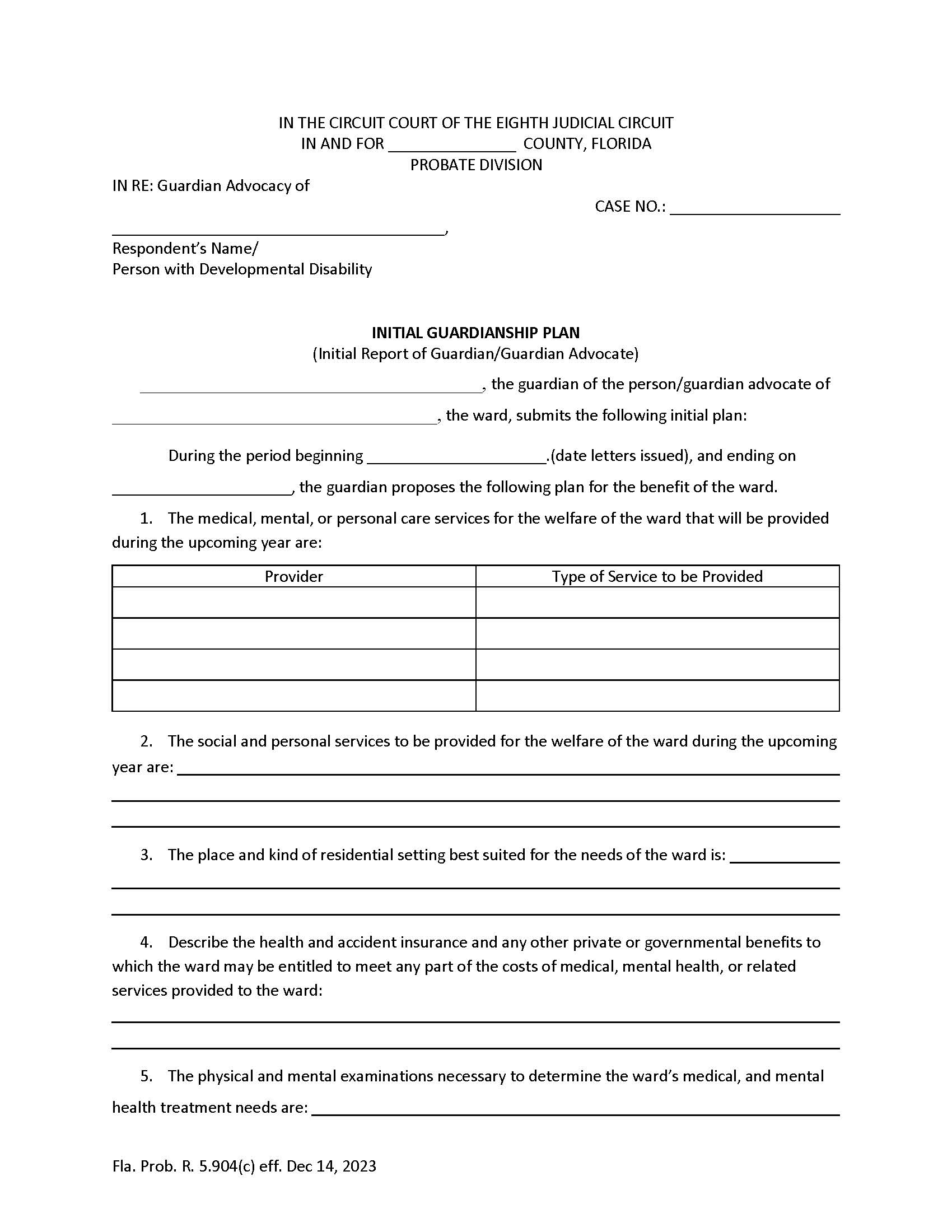 Initial Plan Of Guardian-Guardian Advocate Of The Person | Pdf Fpdf Doc Docx | Florida
