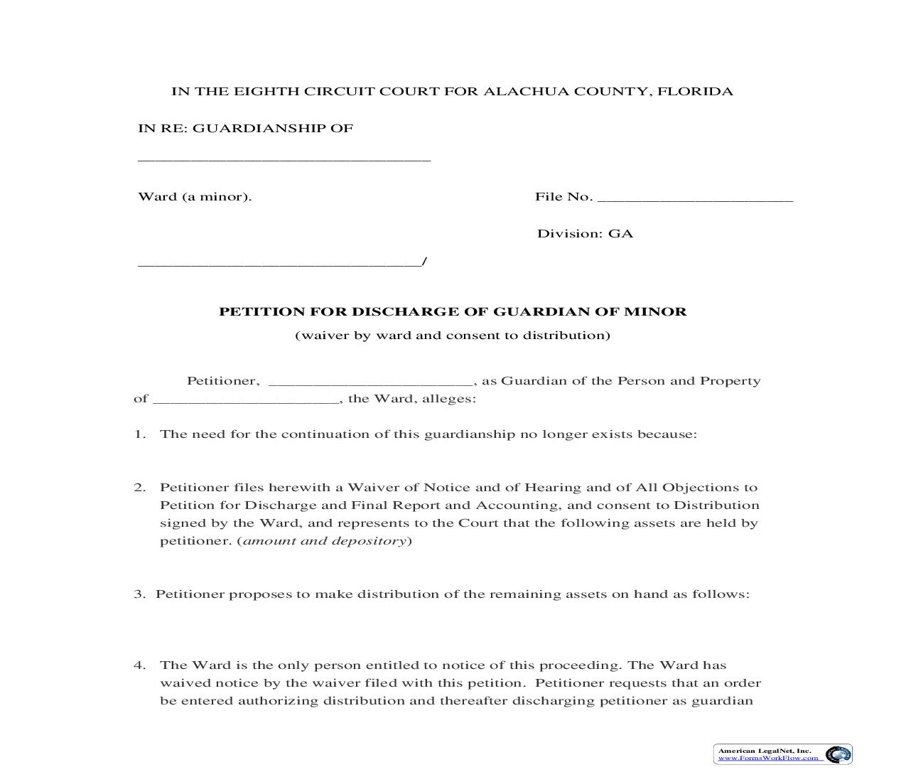 Petition For Discharge Of Guardian Of Minor (Waiver By Ward And Consent To Distribution) | Pdf Fpdf Doc Docx | Florida