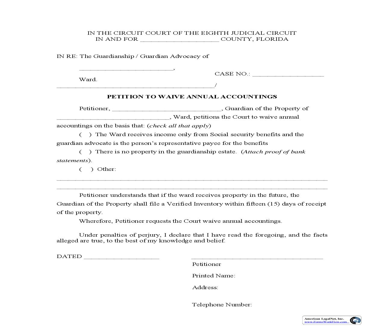 Petition To Waive Annual Accountings | Pdf Fpdf Doc Docx | Florida