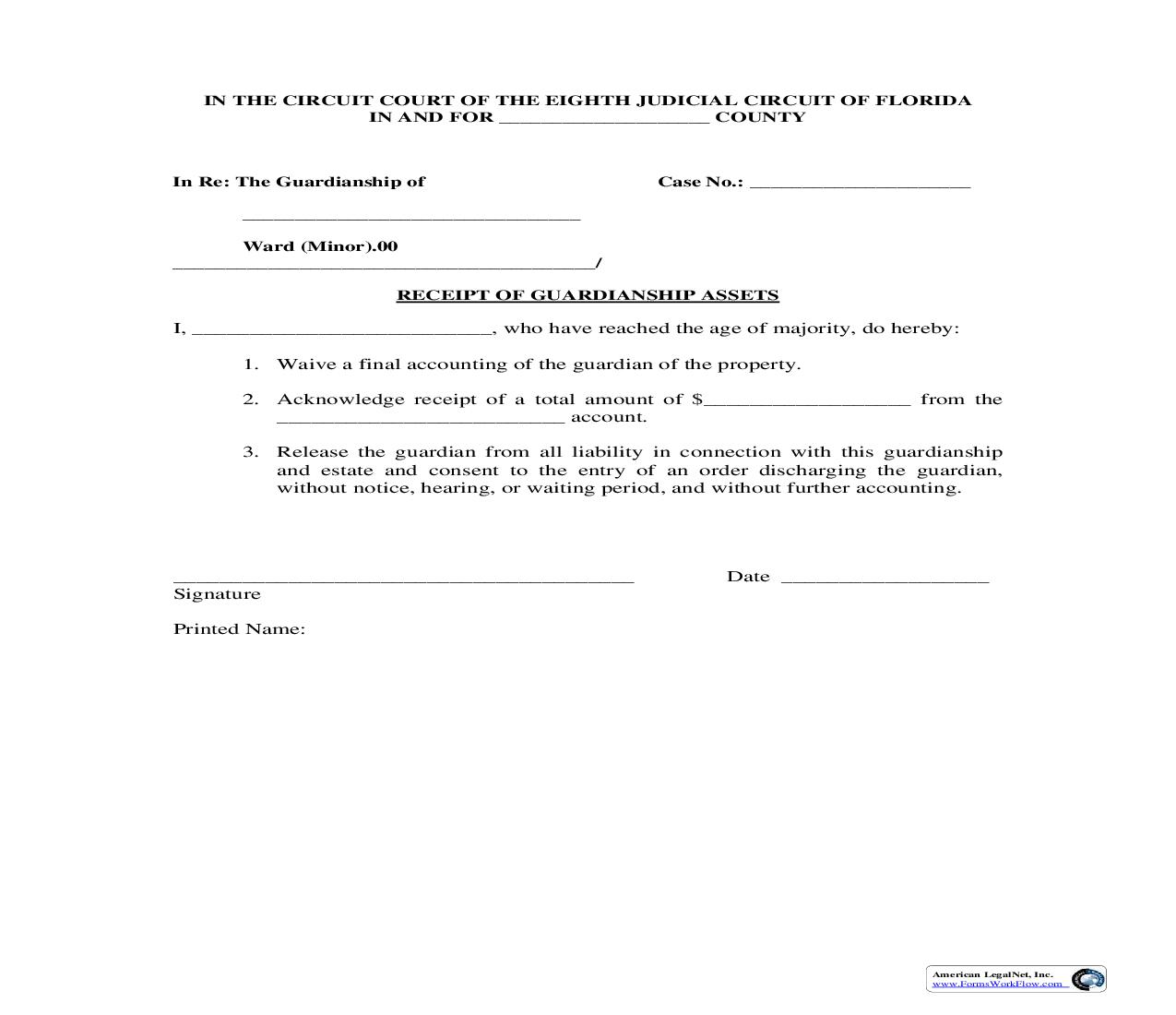Receipt Of Guardianship Assets | Pdf Fpdf Doc Docx | Florida