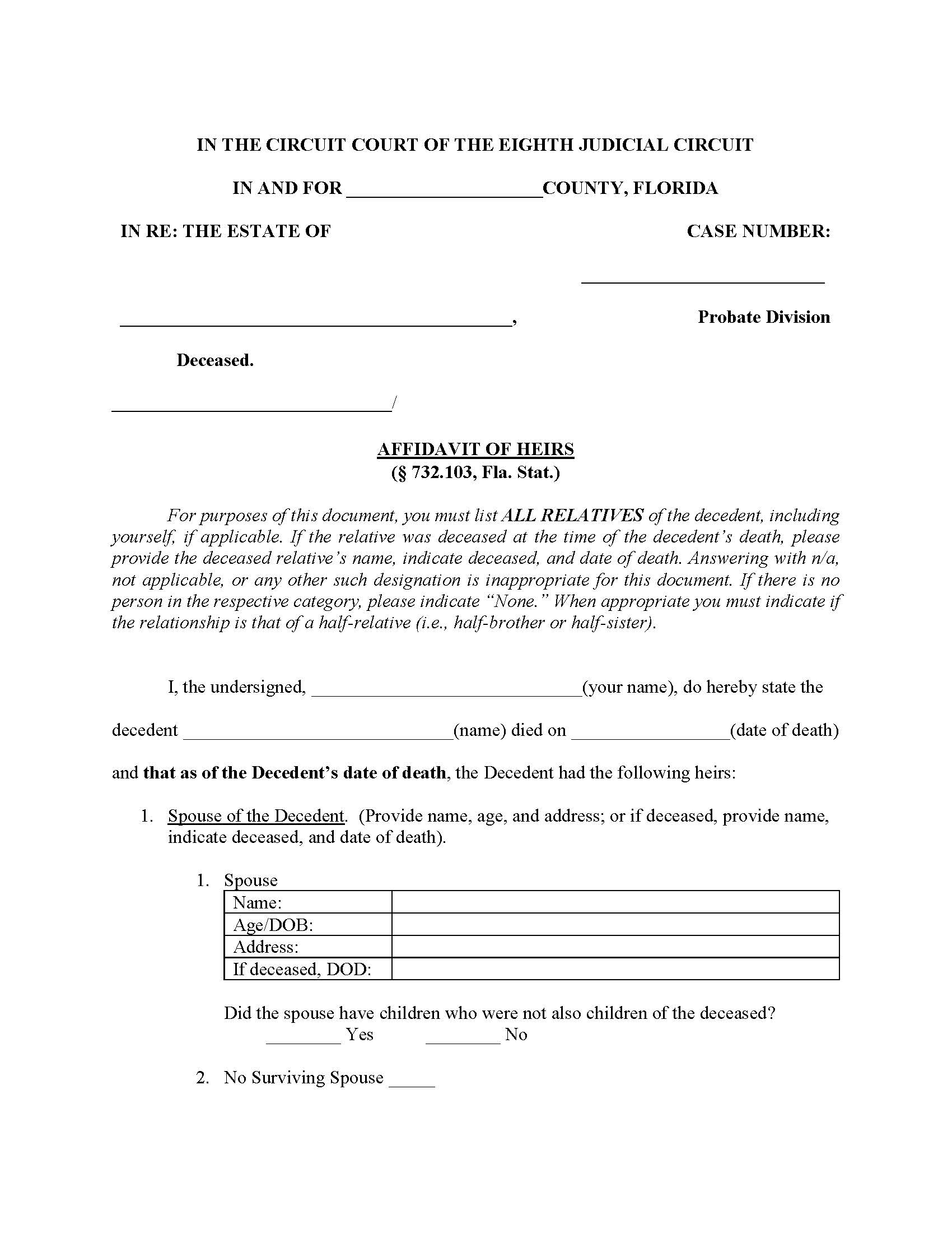 Affidavit Of Heirs {8JC AoH} | Pdf Fpdf Docx | Florida