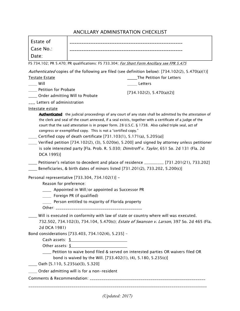 Ancillary Administration Checklist | Pdf Fpdf Docx | Florida