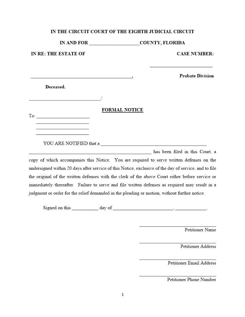 Formal Notice (Probate) {8JC FN-P} | Pdf Fpdf Docx | Florida