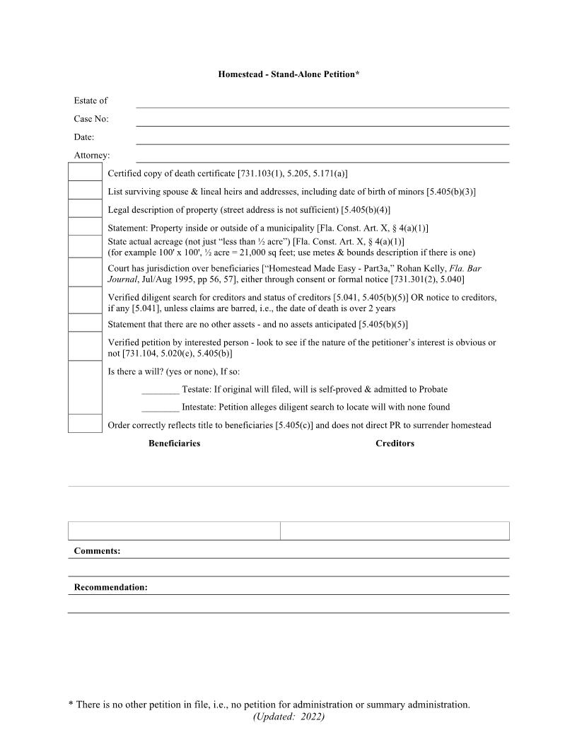 Homestead - Stand Alone Petition (Checklist) | Pdf Fpdf Docx | Florida