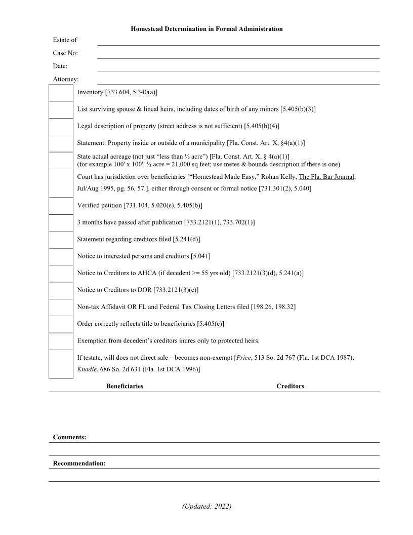 Homestead Determination In Formal Administration (Checklist) | Pdf Fpdf Docx | Florida