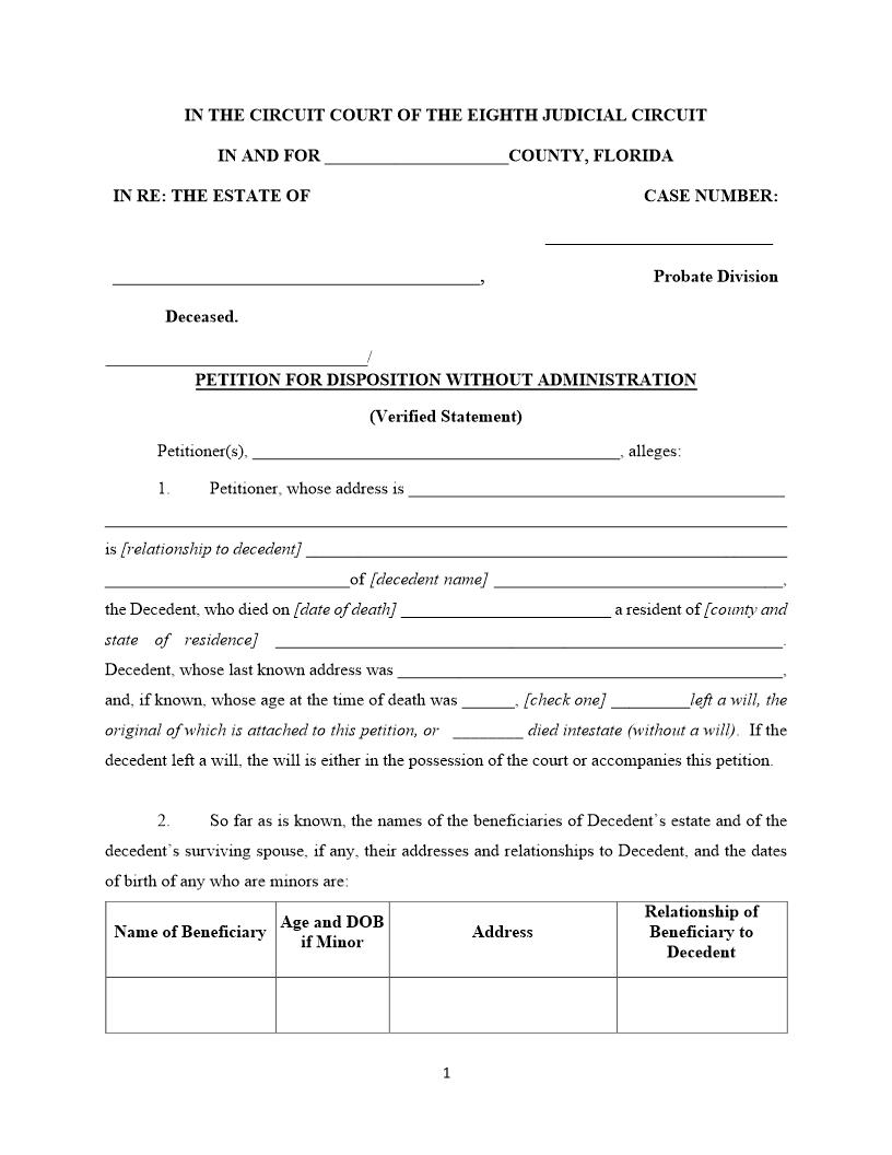 Petition For Disposition Without Administration (Verified Statement) {8JC PDWA} | Pdf Fpdf Docx | Florida