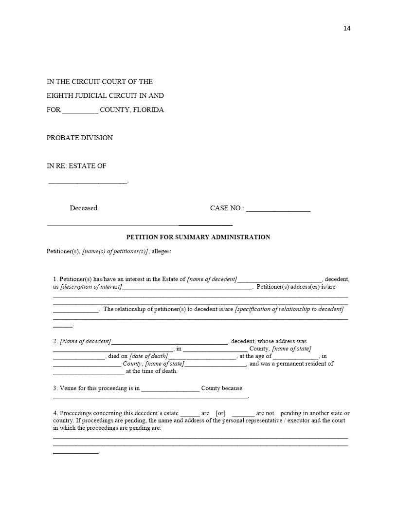 Petition For Summary Administration | Pdf Fpdf Docx | Florida
