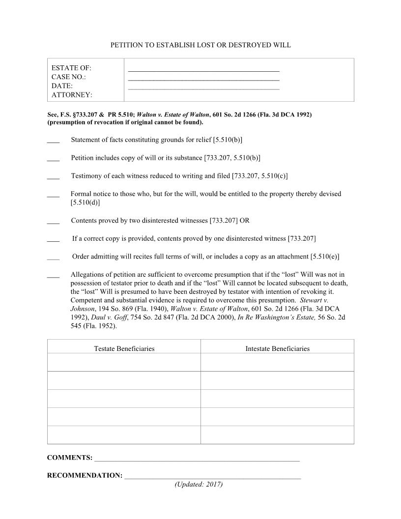 Petition To Establish Lost Or Destroyed Will | Pdf Fpdf Doc Docx | Florida