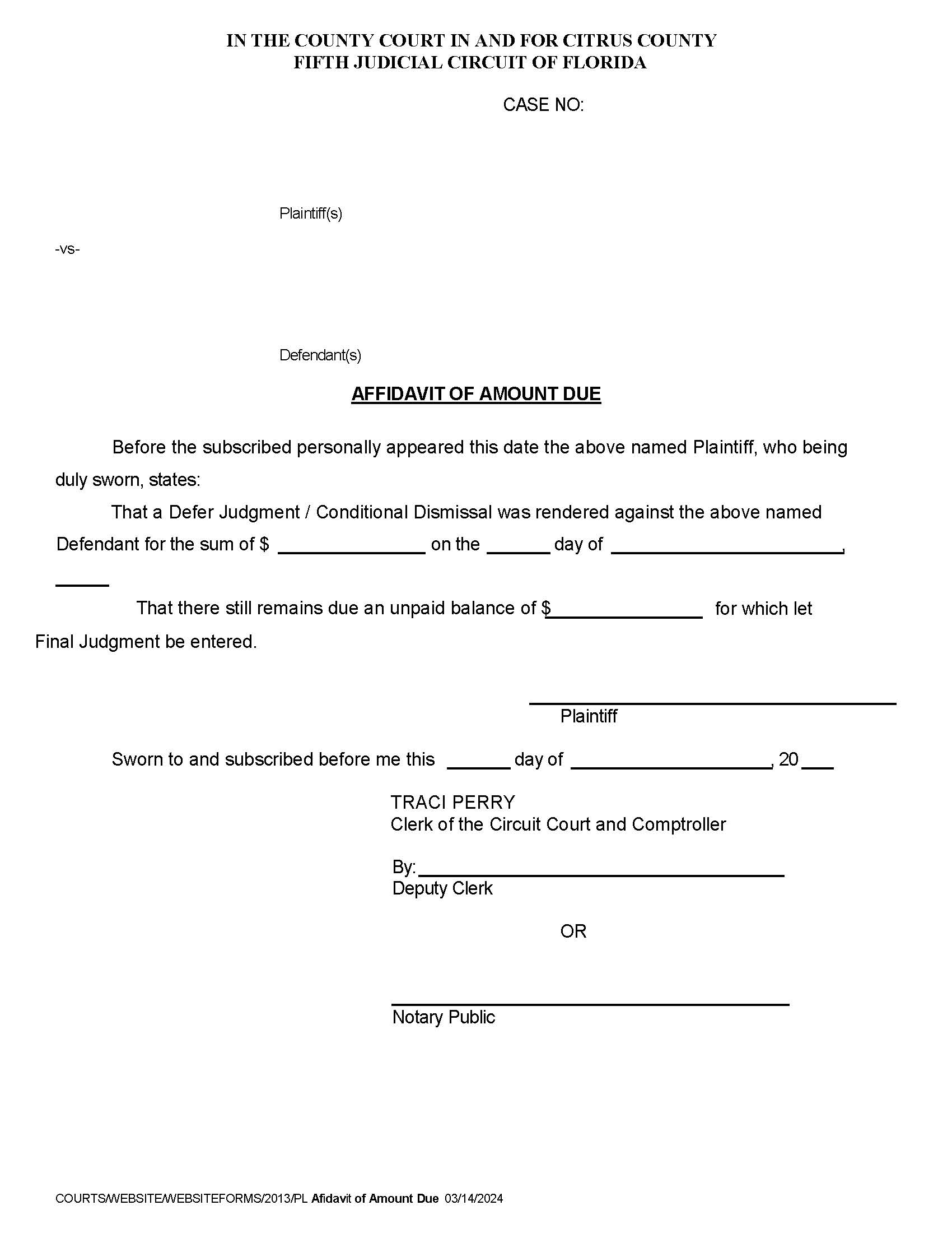 Affidavit Of Amount Due | Pdf Fpdf Doc Docx | Florida