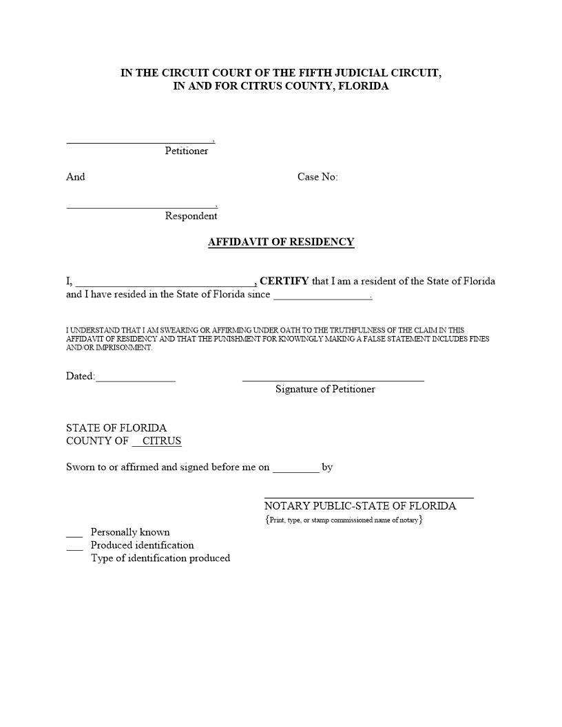 Affidvit Of Residency- {Cit-AoR} | Pdf Fpdf Docx | Florida
