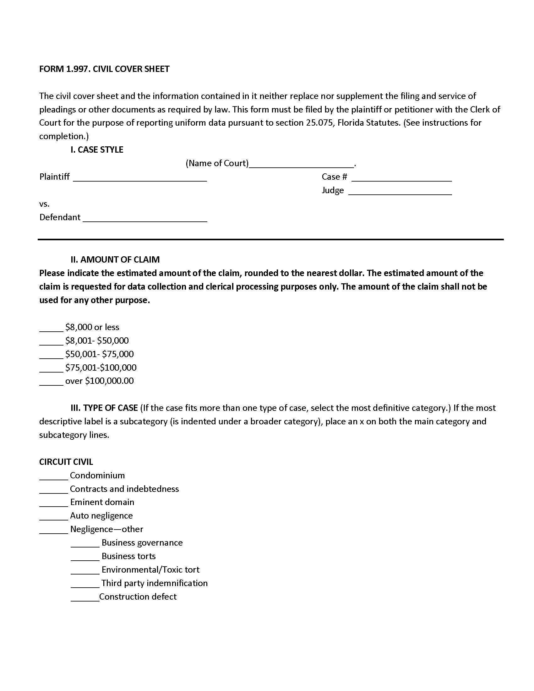 Civil Cover Sheet | Pdf Fpdf Docx | Florida