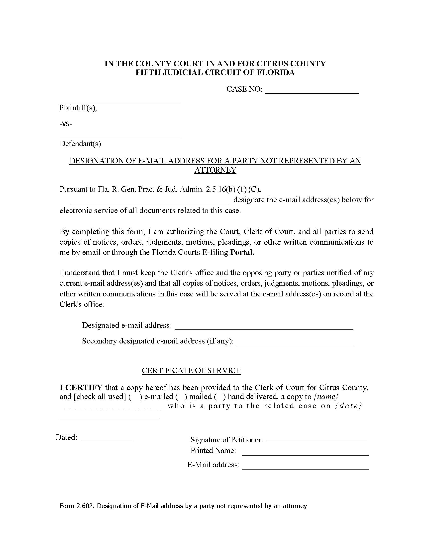 Designation Of Email Address For Party Not Represented By Attorney | Pdf Fpdf Docx | Florida