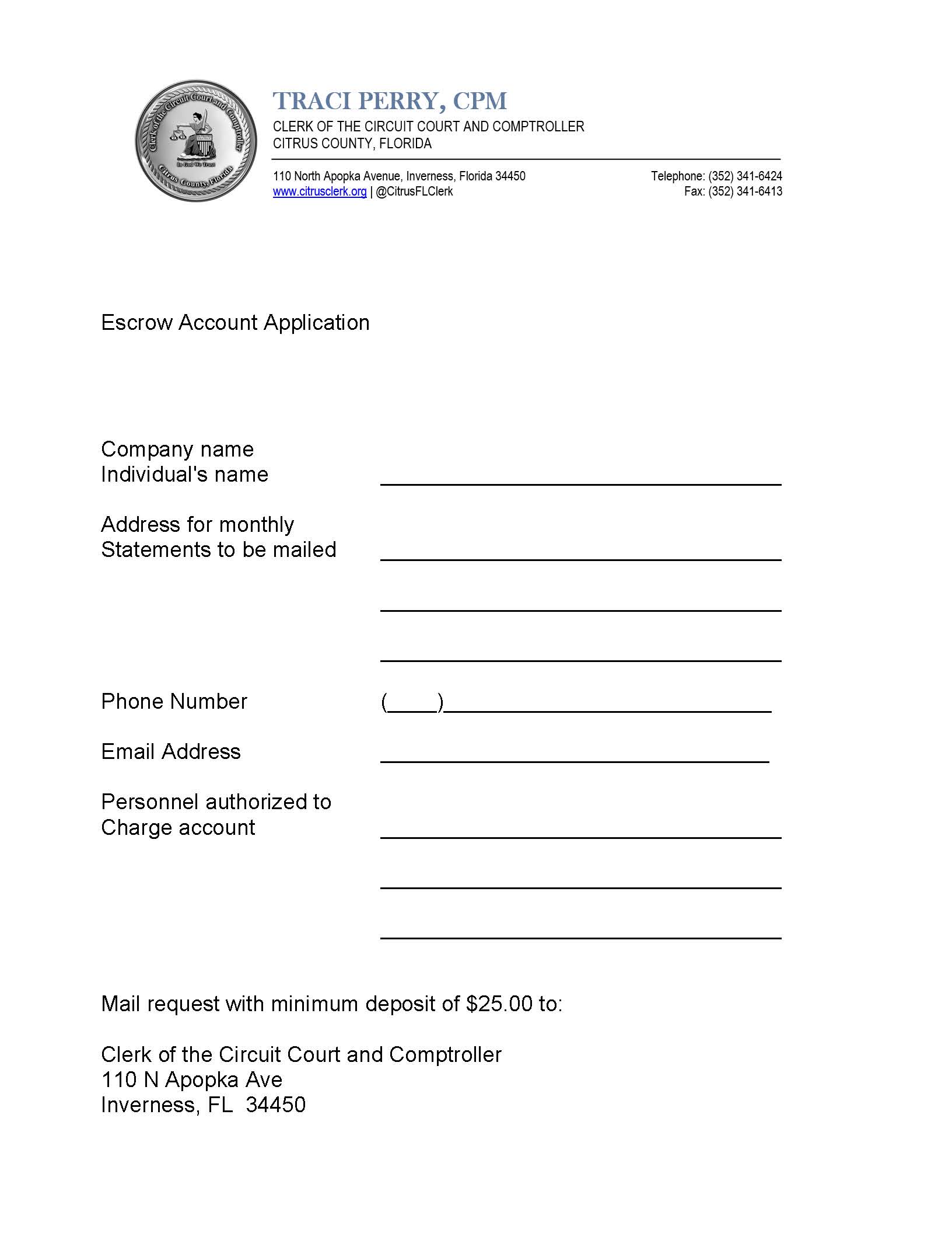 Escrow Account Application | Pdf Fpdf Docx | Florida
