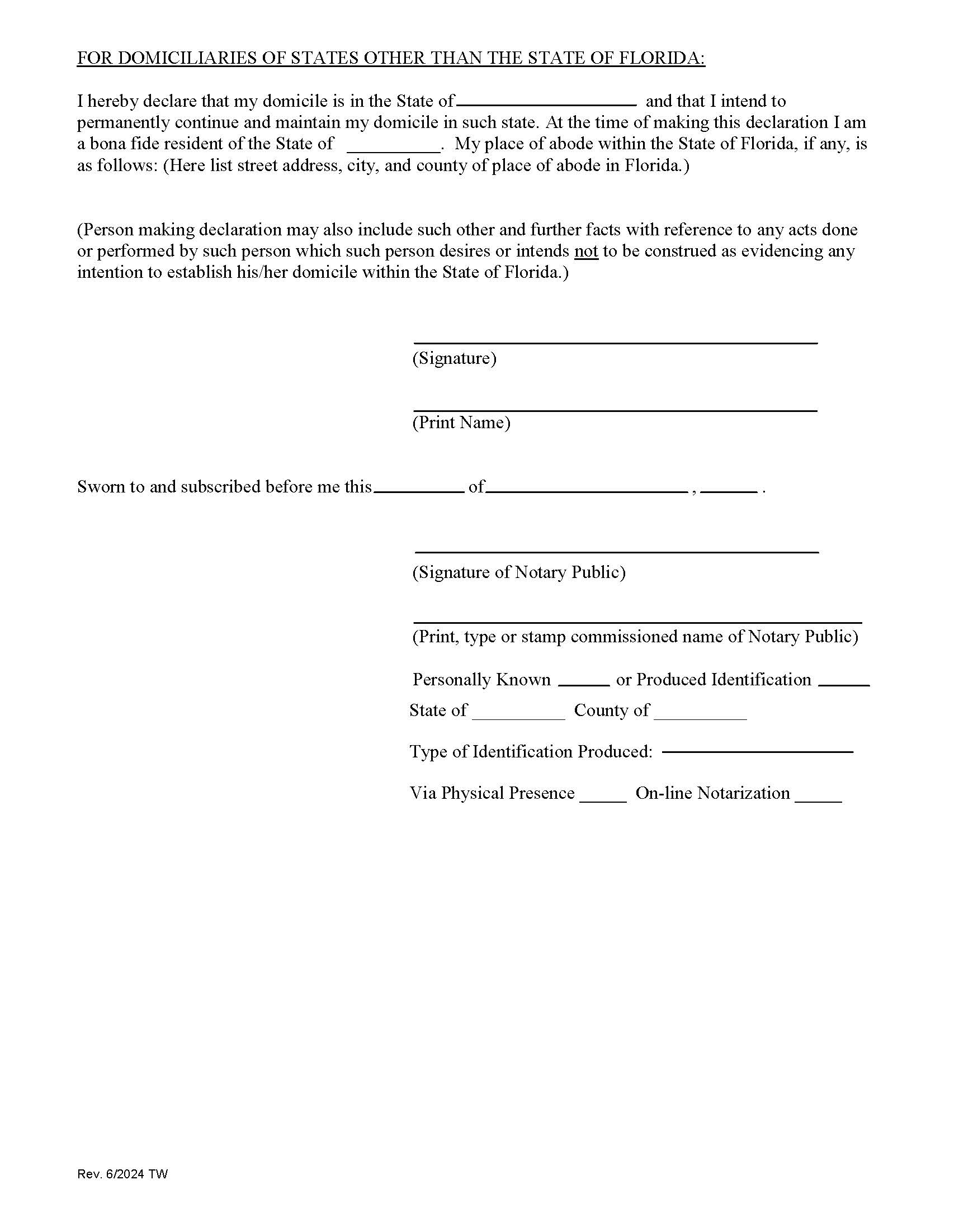 For Domiciliaries Of States Other Than Florida (Declaration Of Domicile) | Pdf Fpdf Docx | Florida