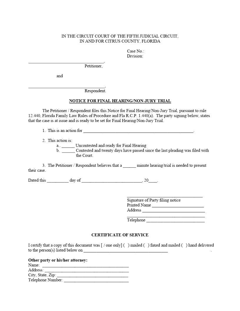 Notice For Final Hearing Non-Jury Trial- {Cit-NFH-NJT} | Pdf Fpdf Docx | Florida
