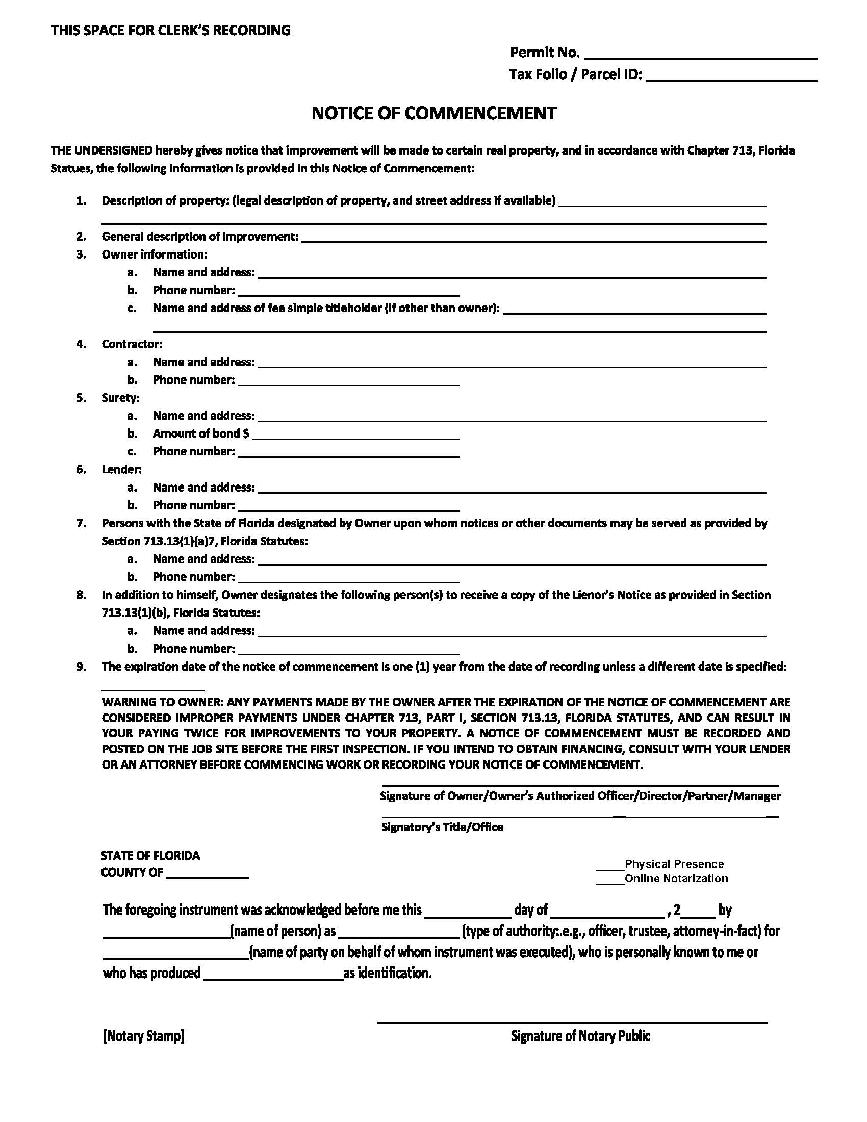 Notice Of Commencement | Pdf Fpdf Docx | Florida