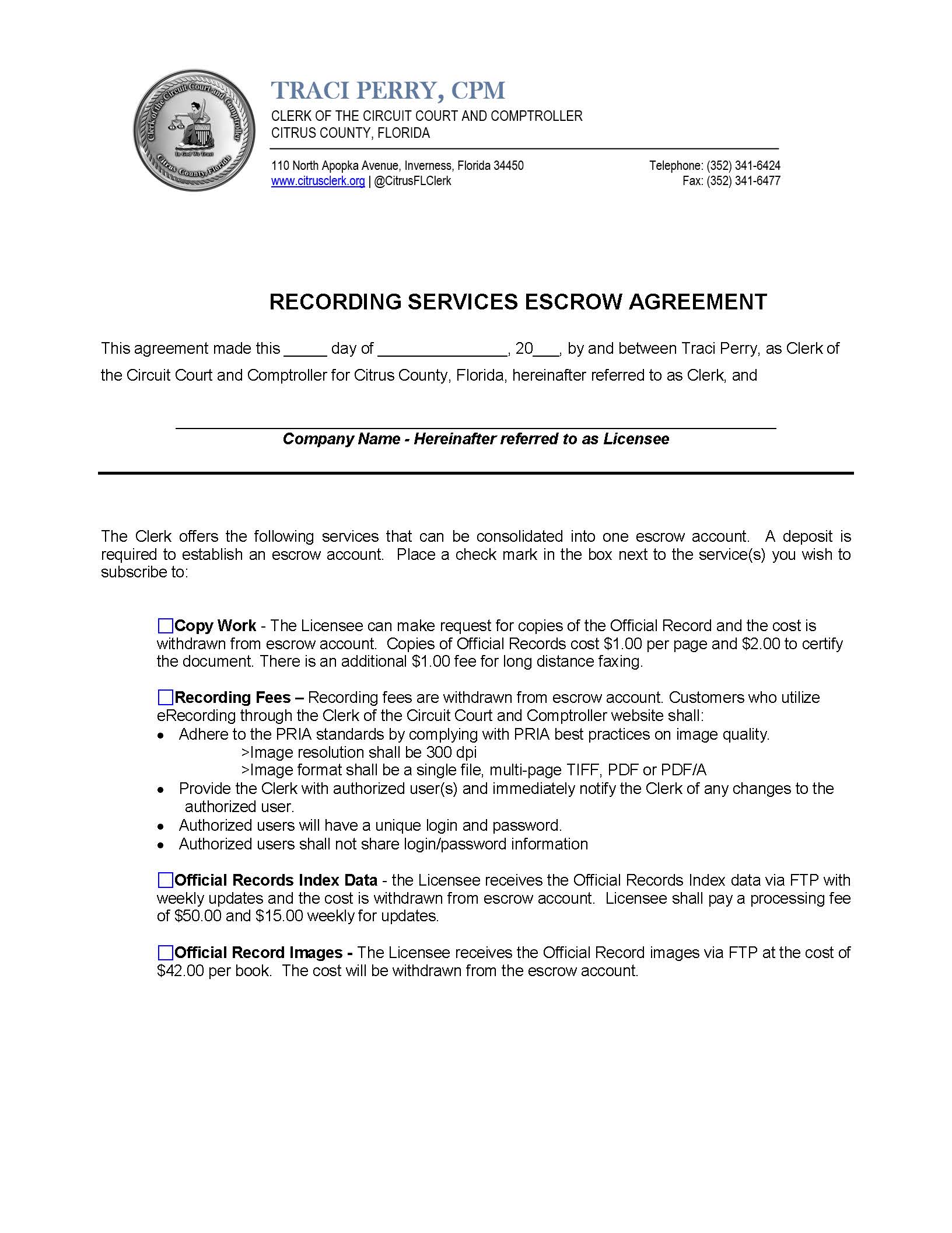 Recording Services Escrow Agreement | Pdf Fpdf Docx | Florida