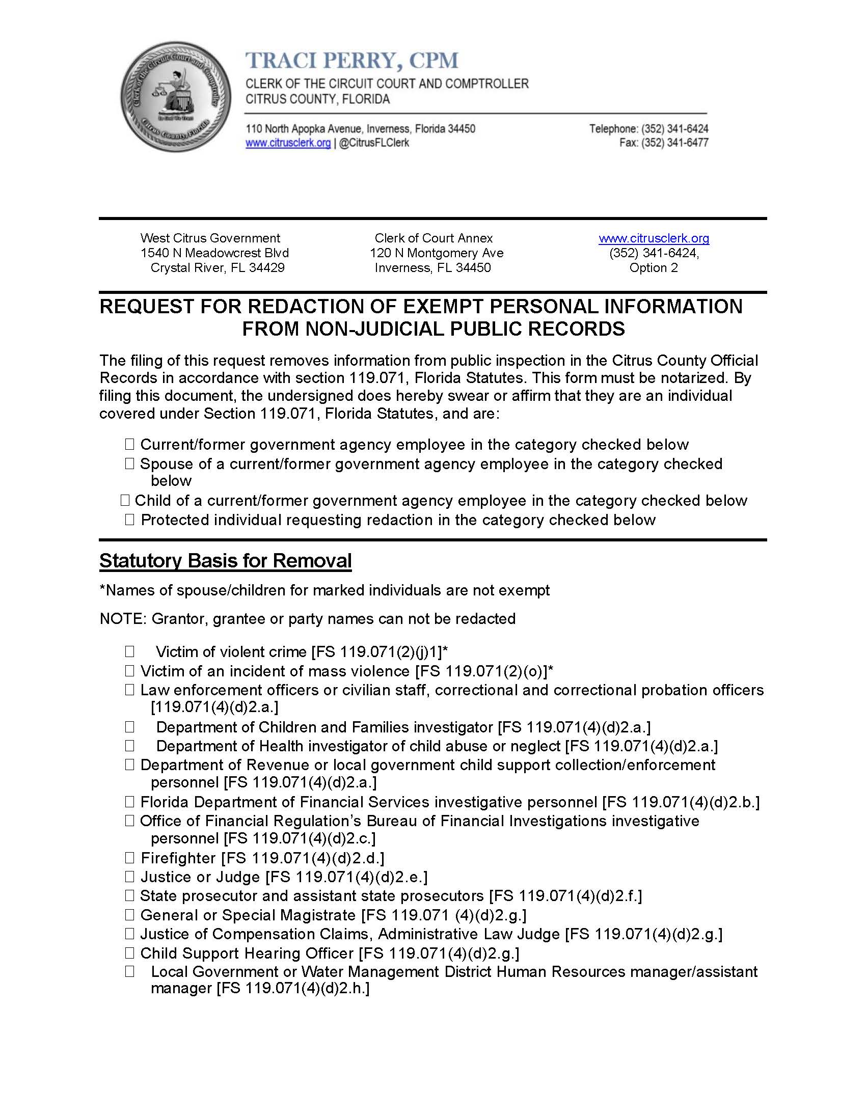 Request For Redaction Of Non-Judicial Records | Pdf Fpdf Docx | Florida