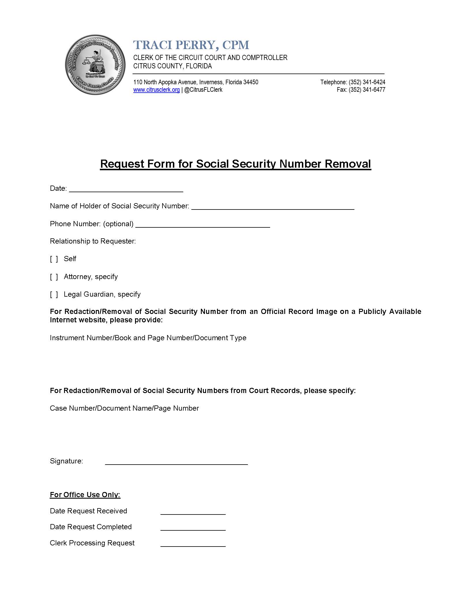 Request Form For Social Security Number Removal | Pdf Fpdf Docx | Florida
