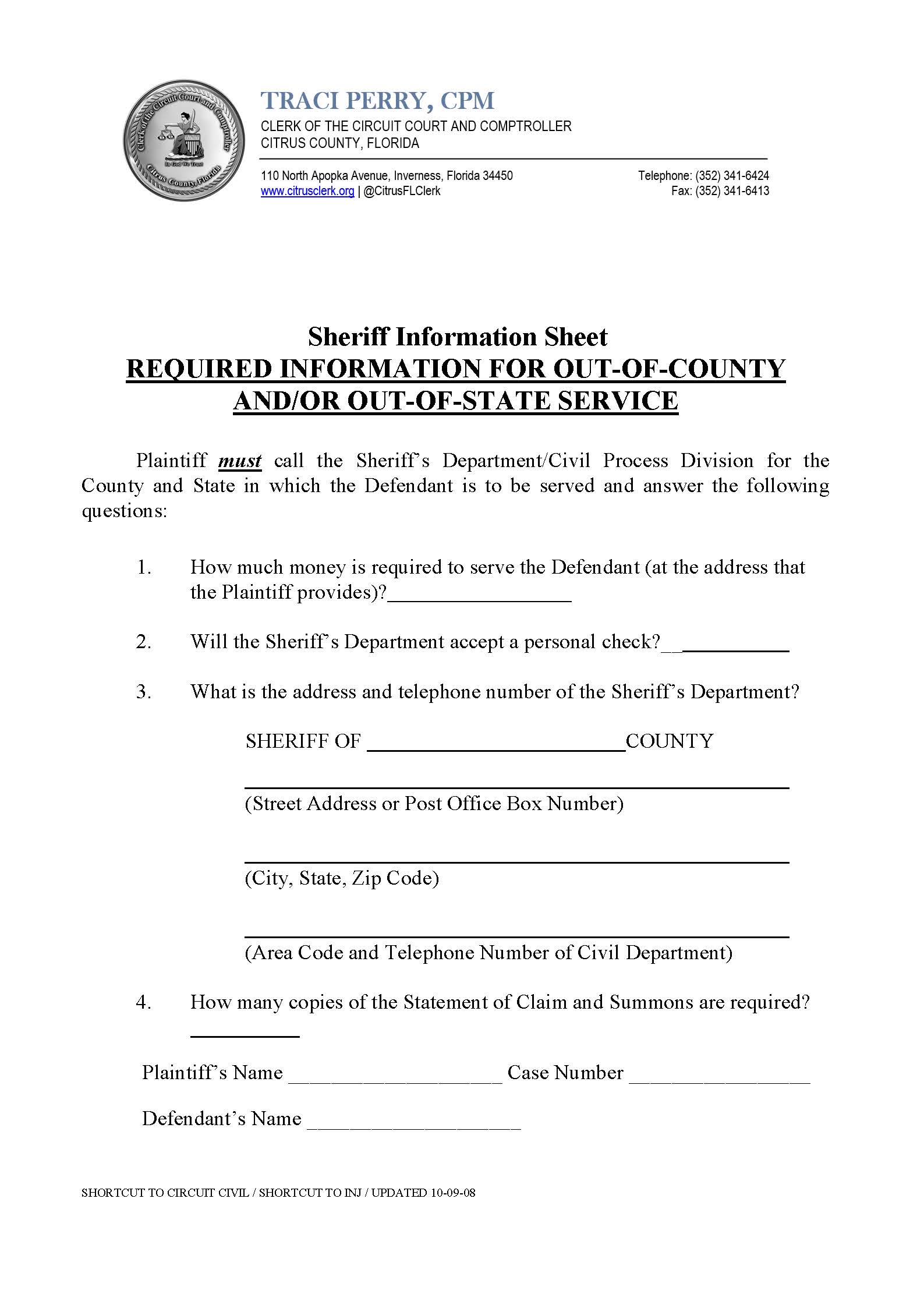 Sheriff Information Sheet Required For Out Of County-State Service | Pdf Fpdf Docx | Florida
