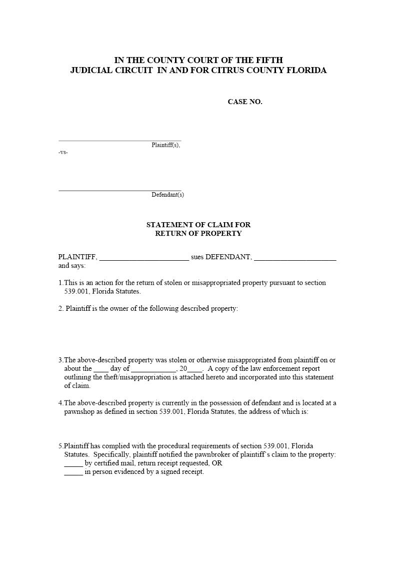 Statement Of Claim For Return Of Property | Pdf Fpdf Docx | Florida