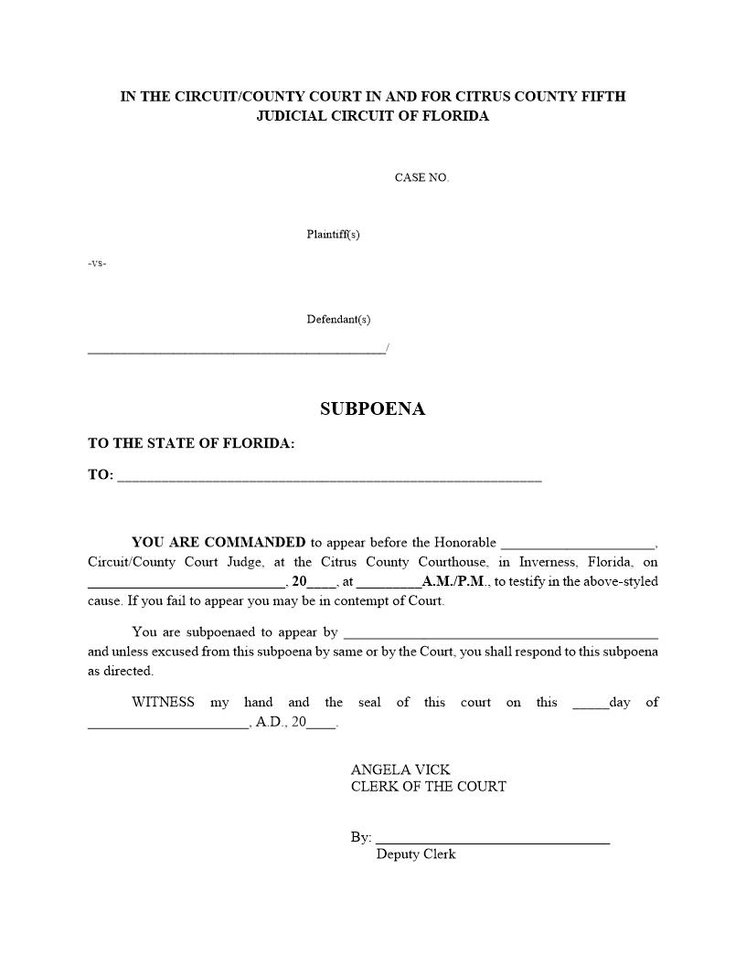 Subpoena (Witness) | Pdf Fpdf Doc Docx | Florida