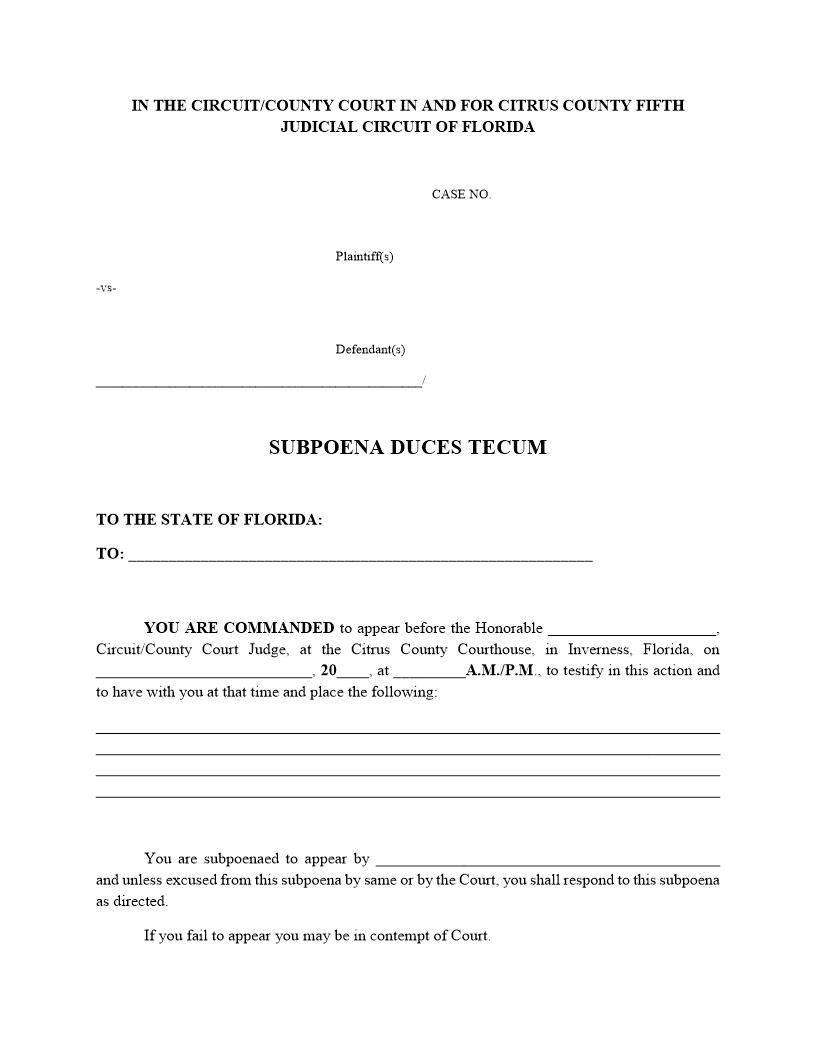 Subpoena Duces Tecum | Pdf Fpdf Docx | Florida