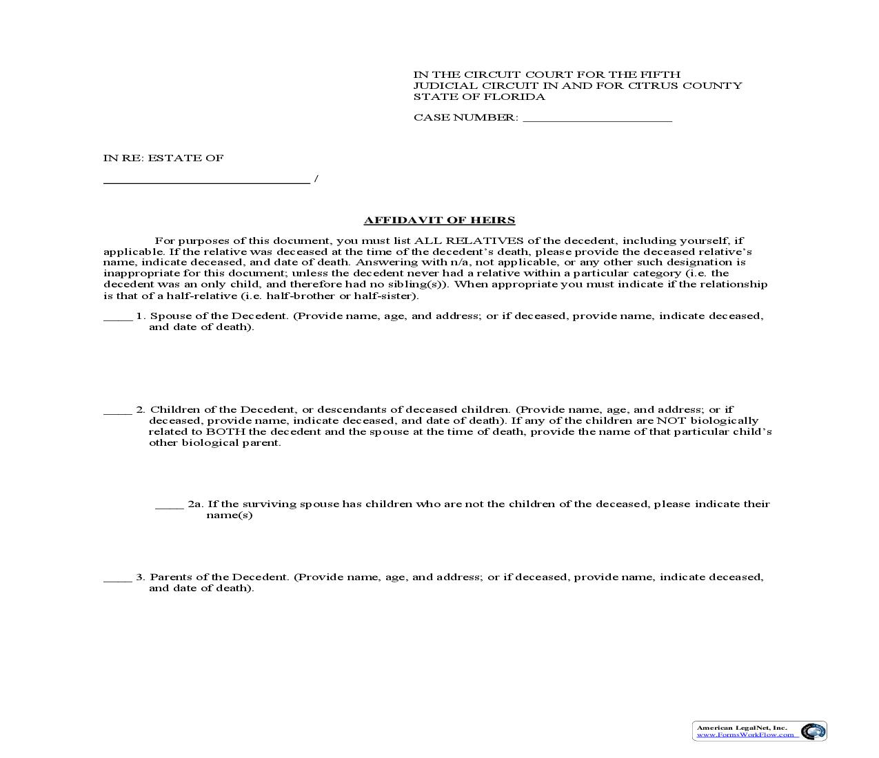Affidavit Of Heirs | Pdf Fpdf Doc Docx | Florida
