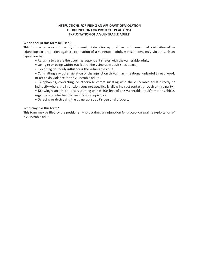 Affidavit Of Violation Of Injunction Against Exploitation Of Vulnerable Adult | Pdf Fpdf Docx | Florida