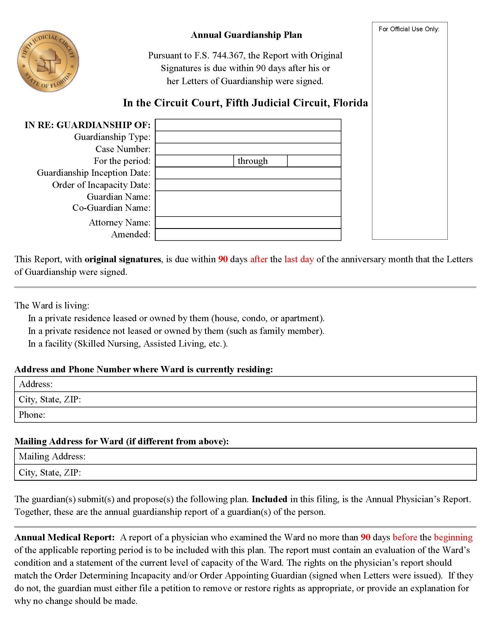 Annual Guardianship Plan | Pdf Fpdf Docx | Florida