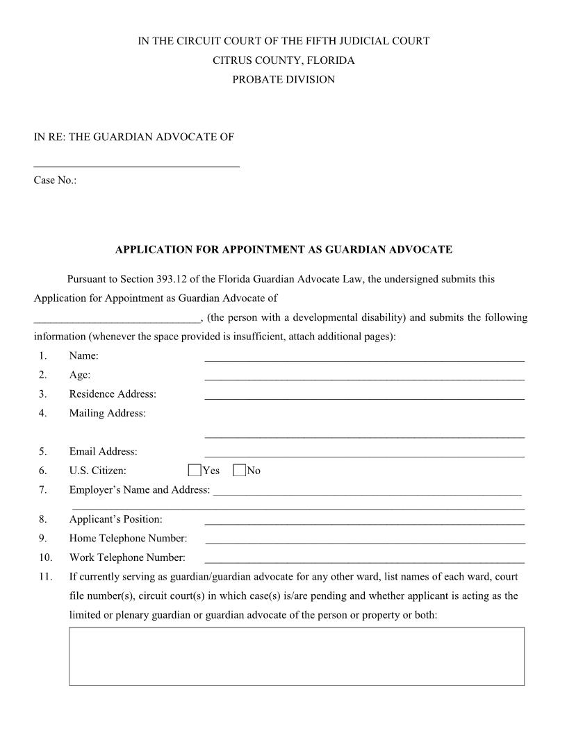 Application For Appointment As Guardian Advocate | Pdf Fpdf Docx | Florida