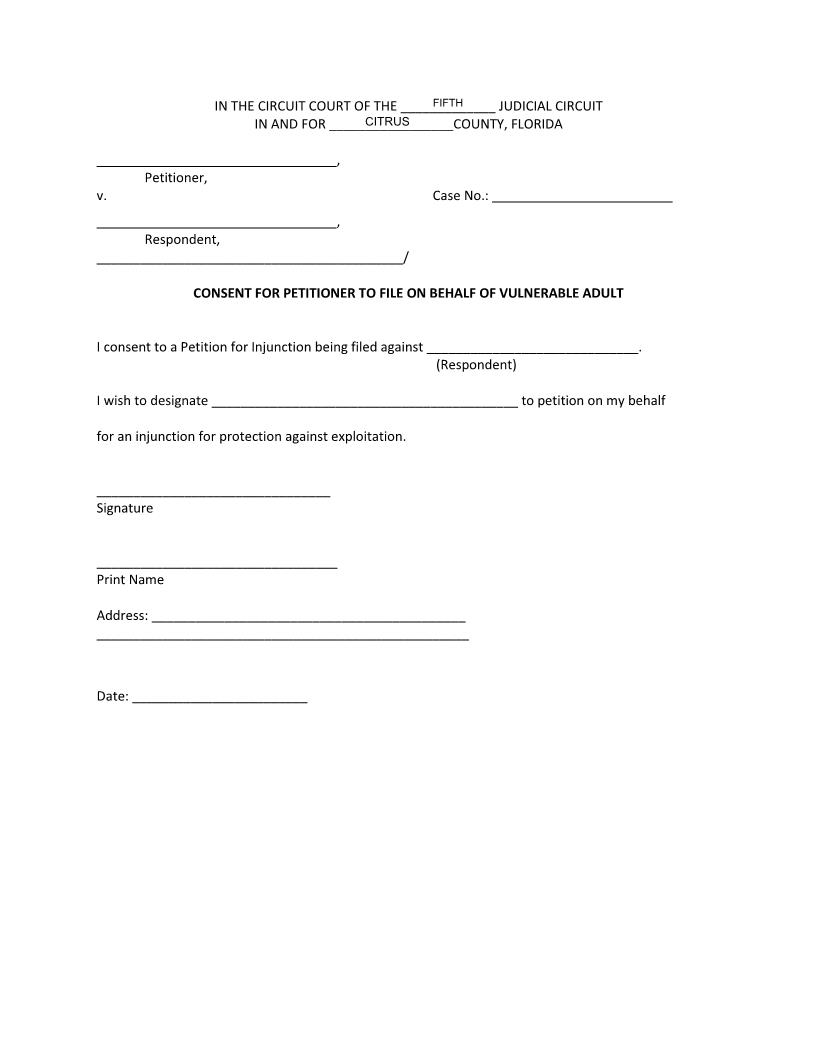 Consent For Petitioner To File On Behalf Of Vulnerable Adult | Pdf Fpdf Docx | Florida