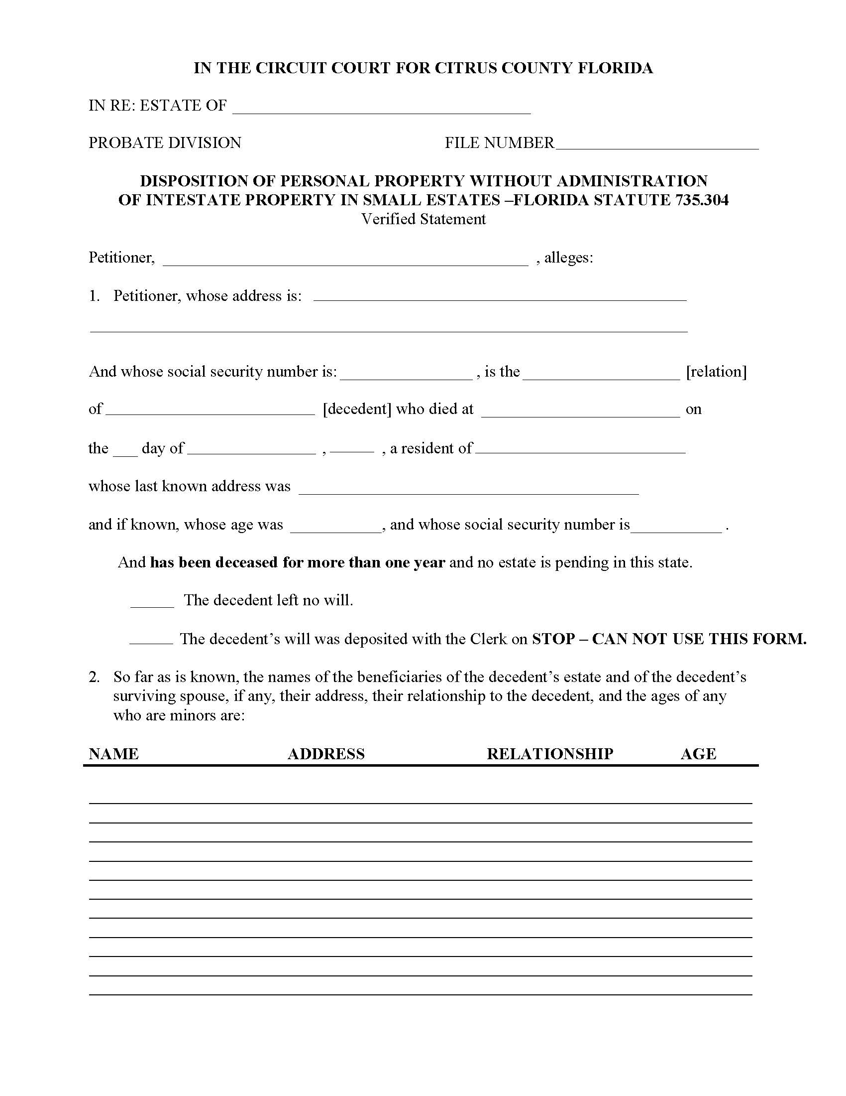 Disposition Of Personal Property Without Administration Intestate Property Small Estates | Pdf Fpdf Docx | Florida