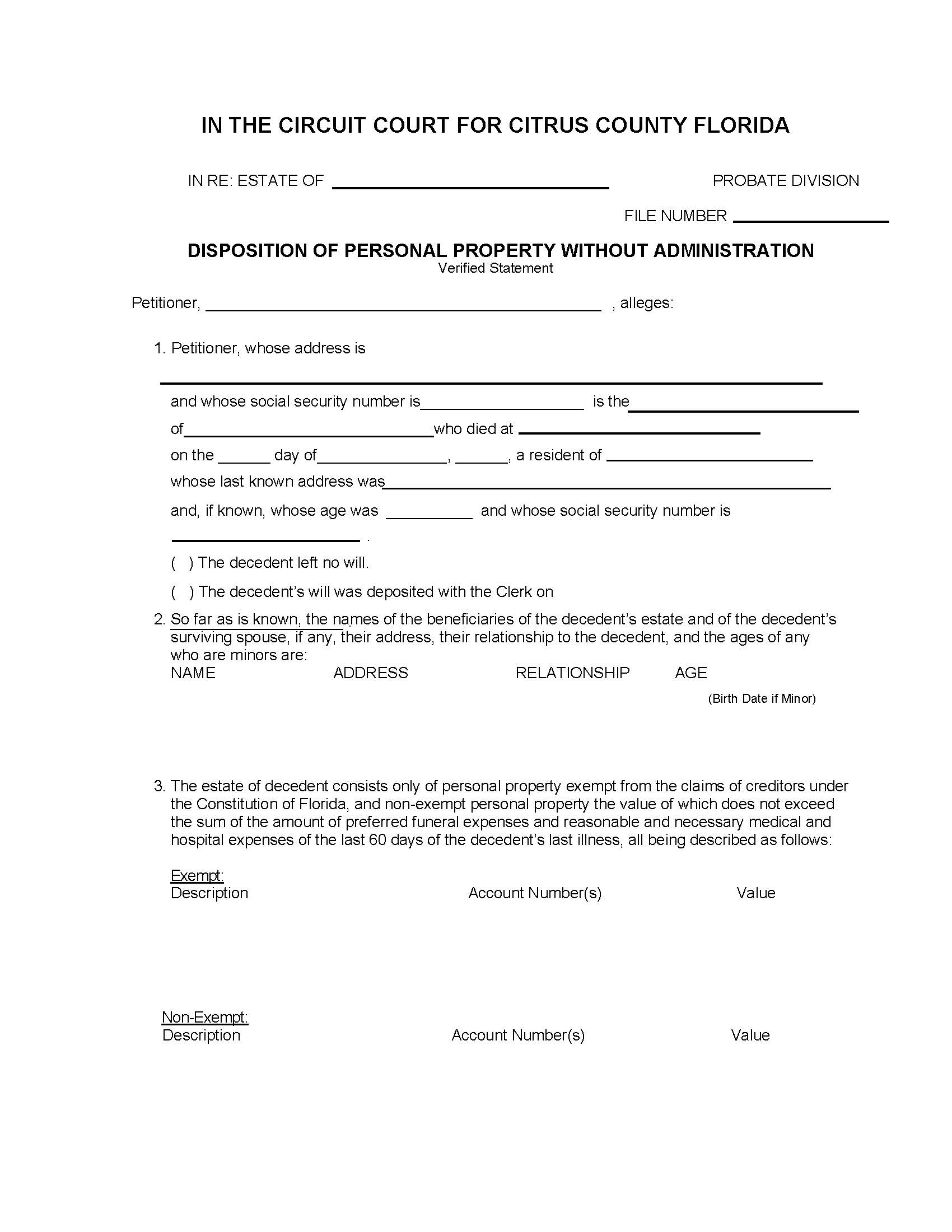 Disposition Of Personal Property Without Administration Verified Statement | Pdf Fpdf Docx | Florida