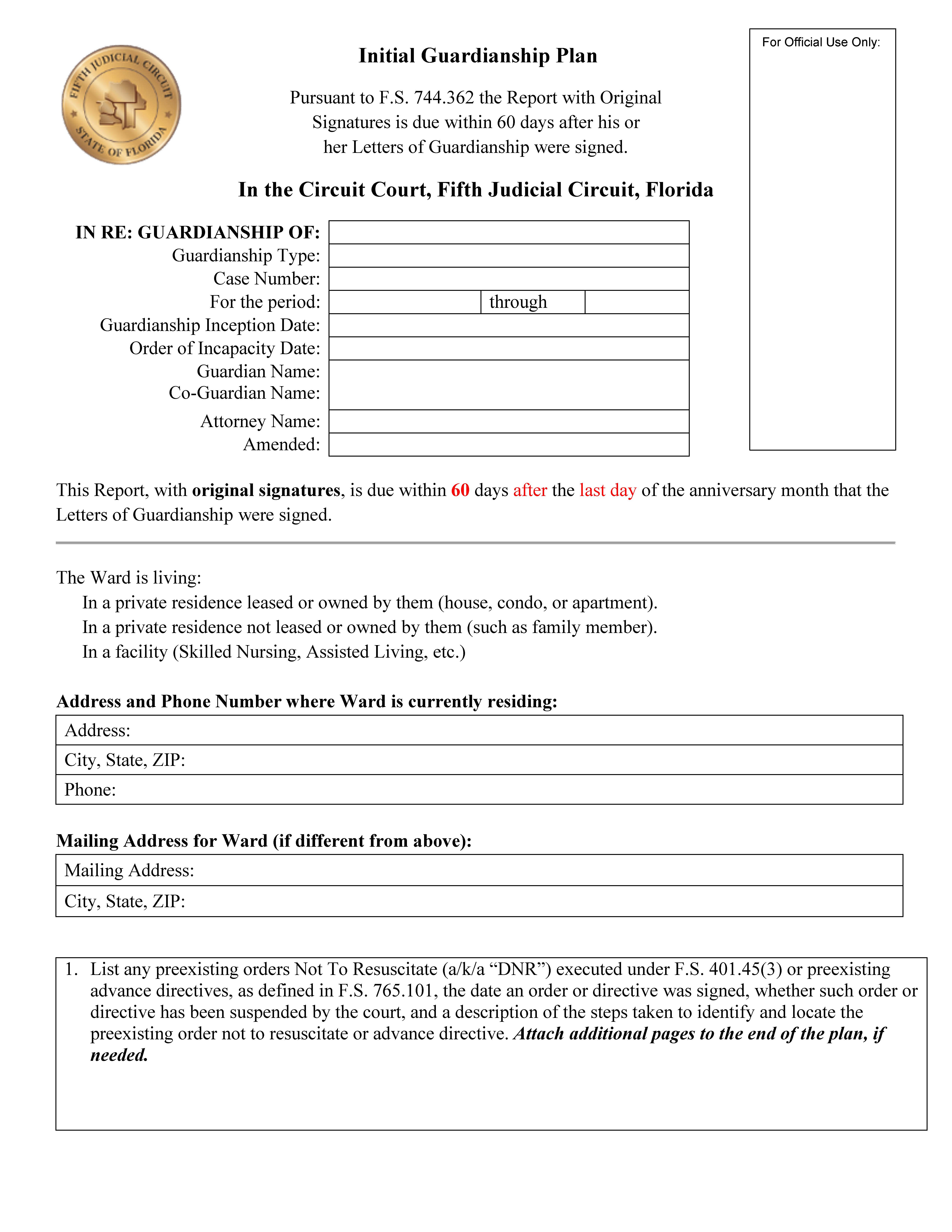 Initial Guardianship Plan | Pdf Fpdf Docx | Florida