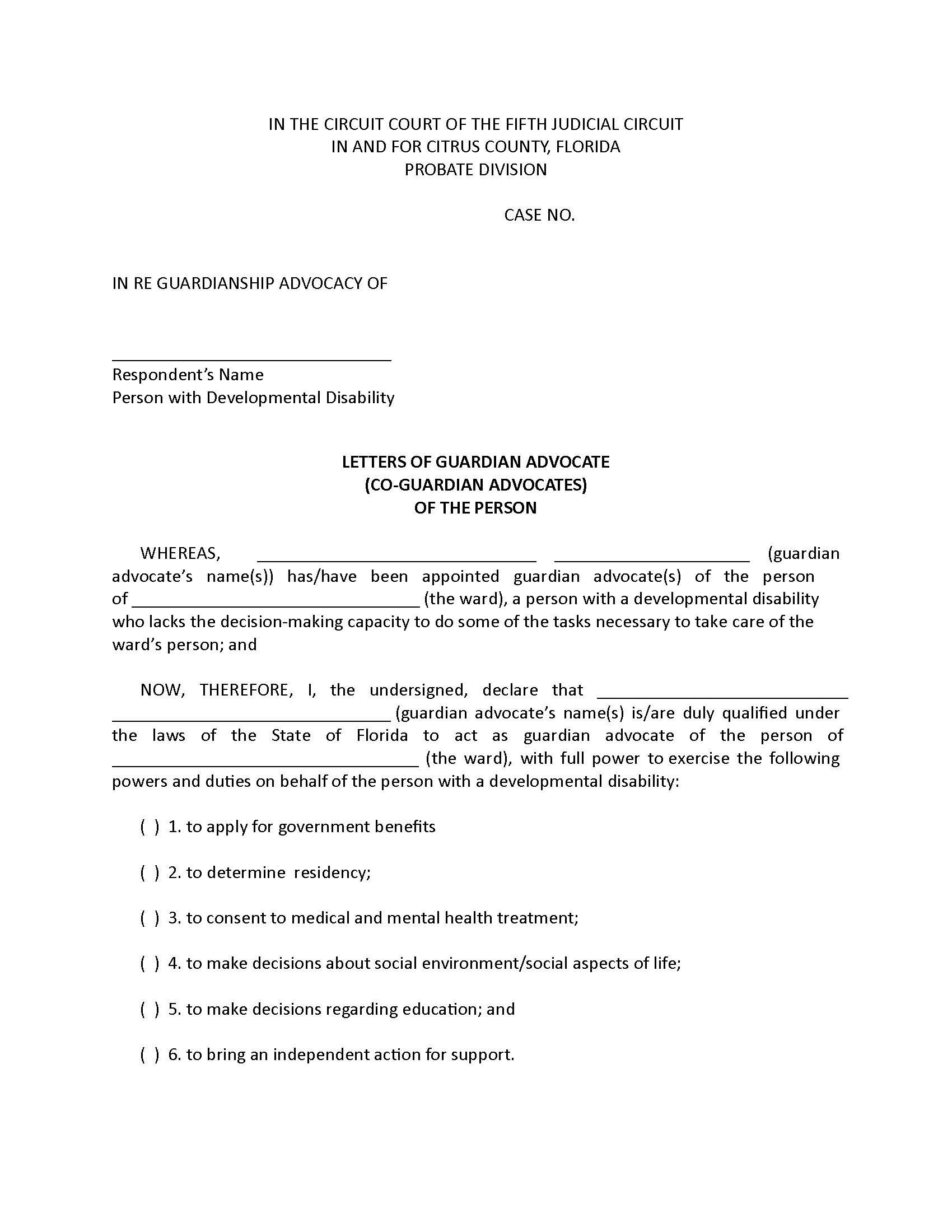 Letters Of Guardian Advocate Of The Person Only | Pdf Fpdf Docx | Florida