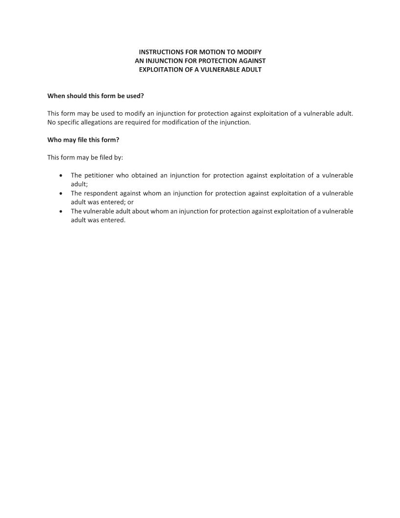 Motion To Modify Injunction Against Exploitation Of Vulnerable Adult | Pdf Fpdf Docx | Florida