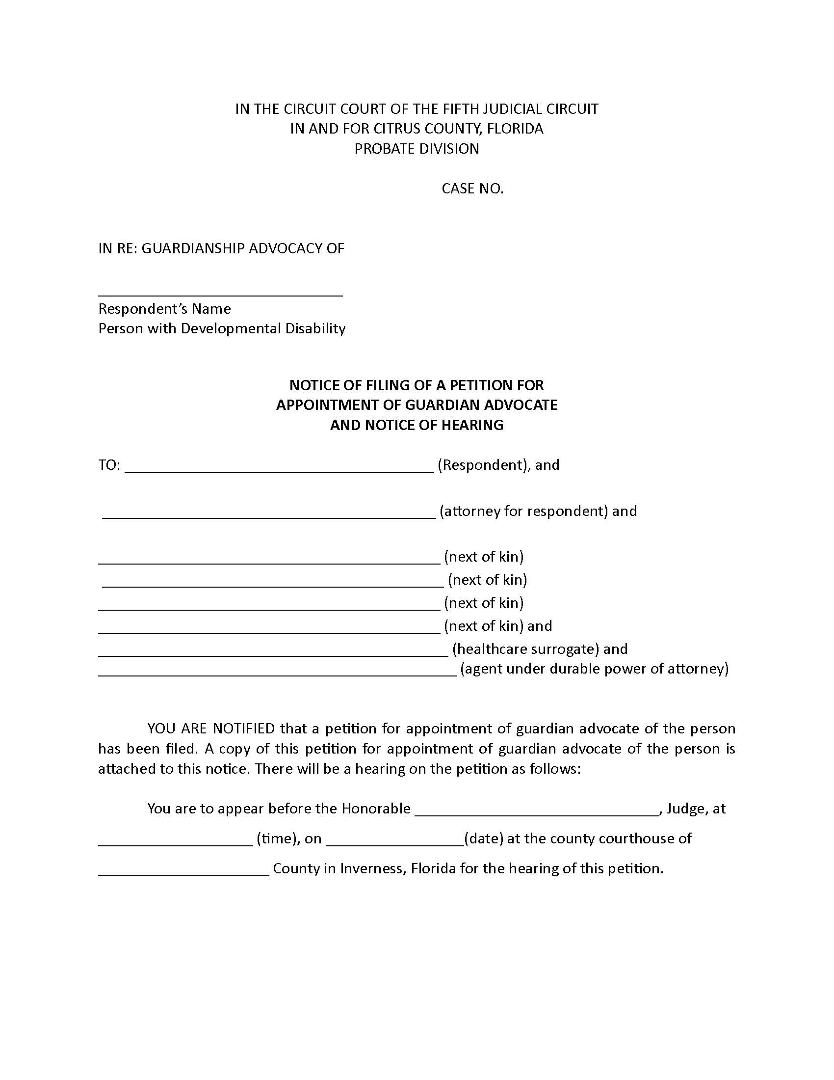 Notice Of Hearing (Guardian Advocate) | Pdf Fpdf Docx | Florida