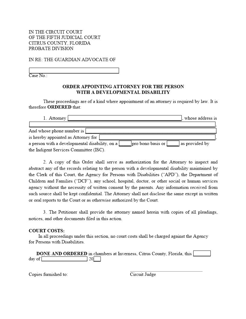 Order Appointing Attorney For The Person With A Developmental Disability | Pdf Fpdf Docx | Florida