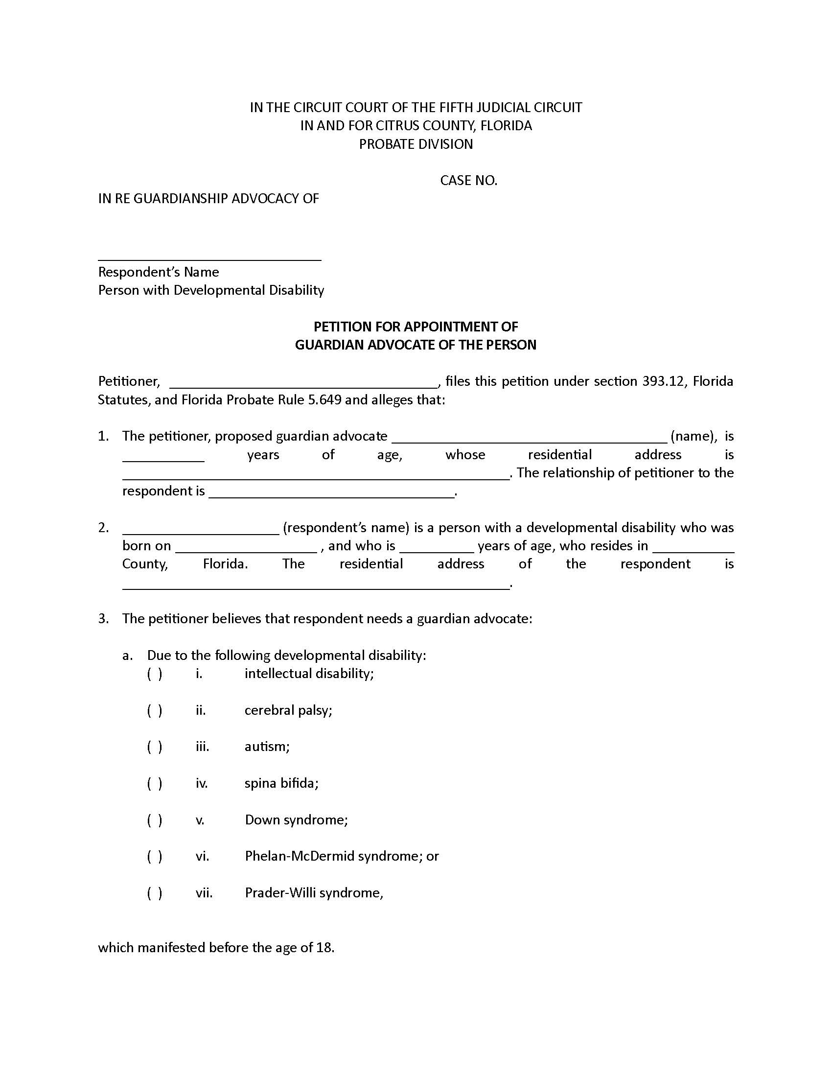 Petition For Appointment Of Guardian Advocate Of The Person Only | Pdf Fpdf Docx | Florida