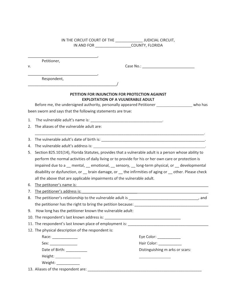 Petition For Injunction Against Exploitation Of A Vulnerable Adult | Pdf Fpdf Docx | Florida