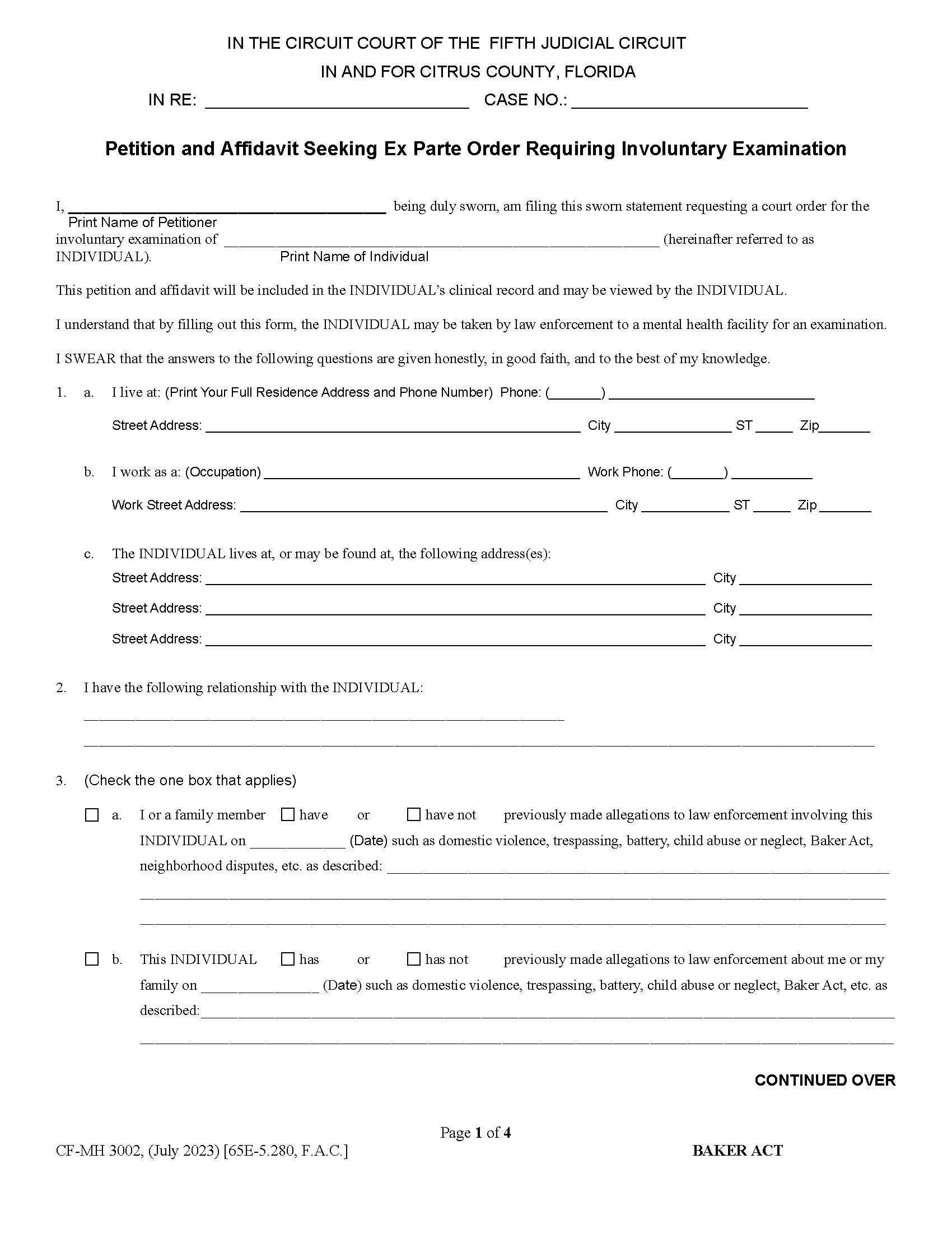 Petition For Involuntary Examination Affidavit Sheriff Information (Baker Act) | Pdf Fpdf Docx | Florida