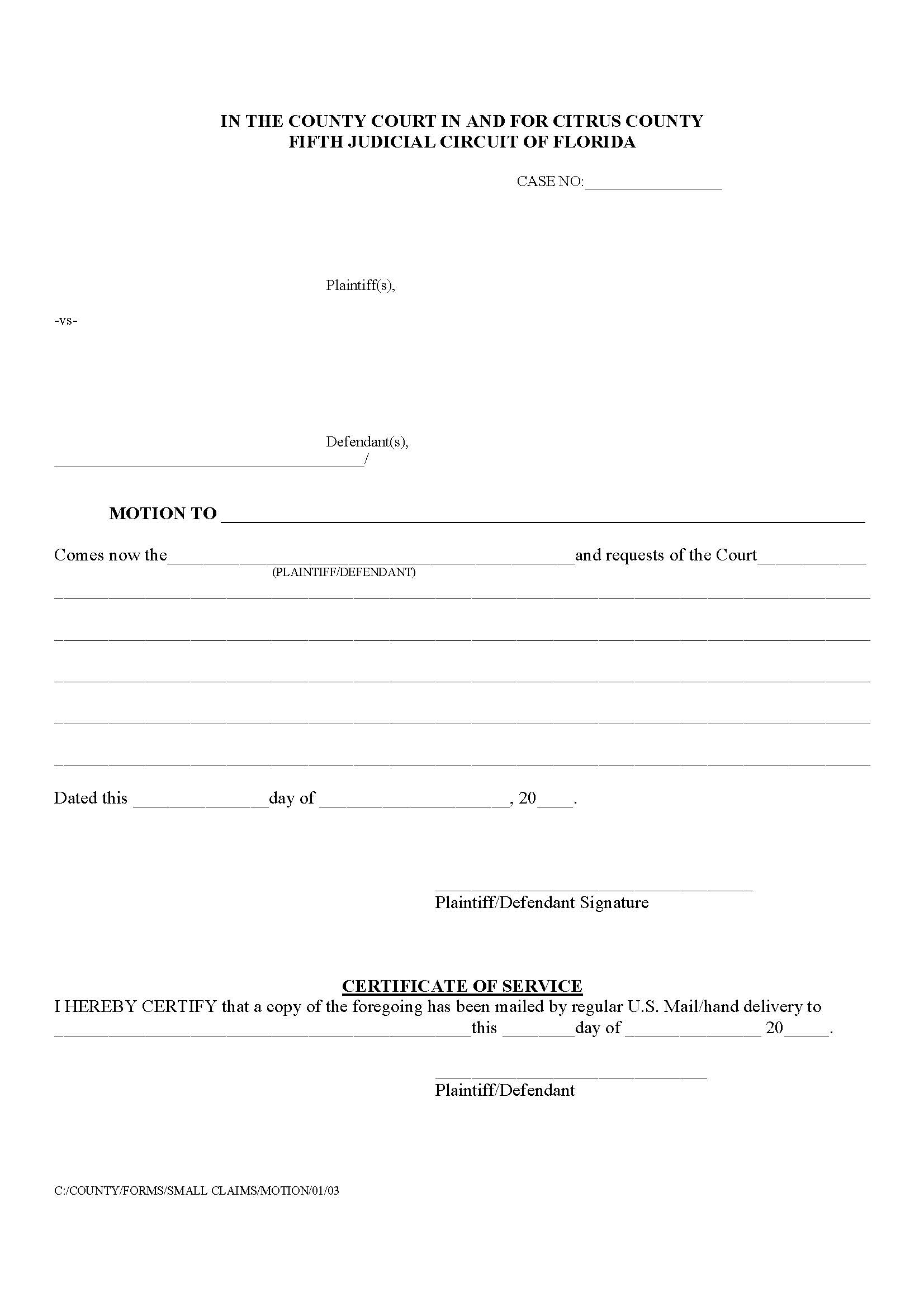 Motion (Blank) | Pdf Fpdf Doc Docx | Florida