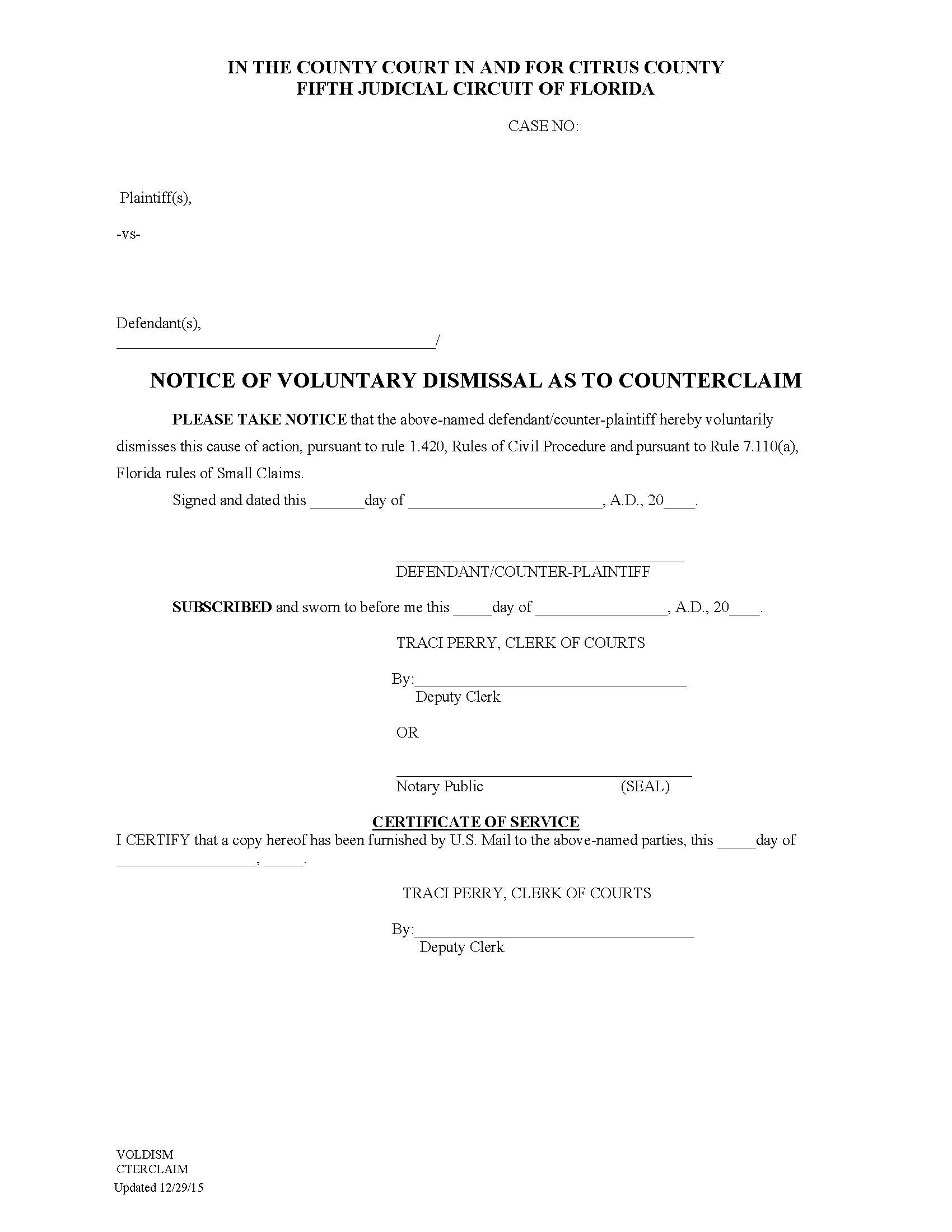 Notice Of Voluntary Dismissal Of Counter Claim | Pdf Fpdf Doc Docx | Florida