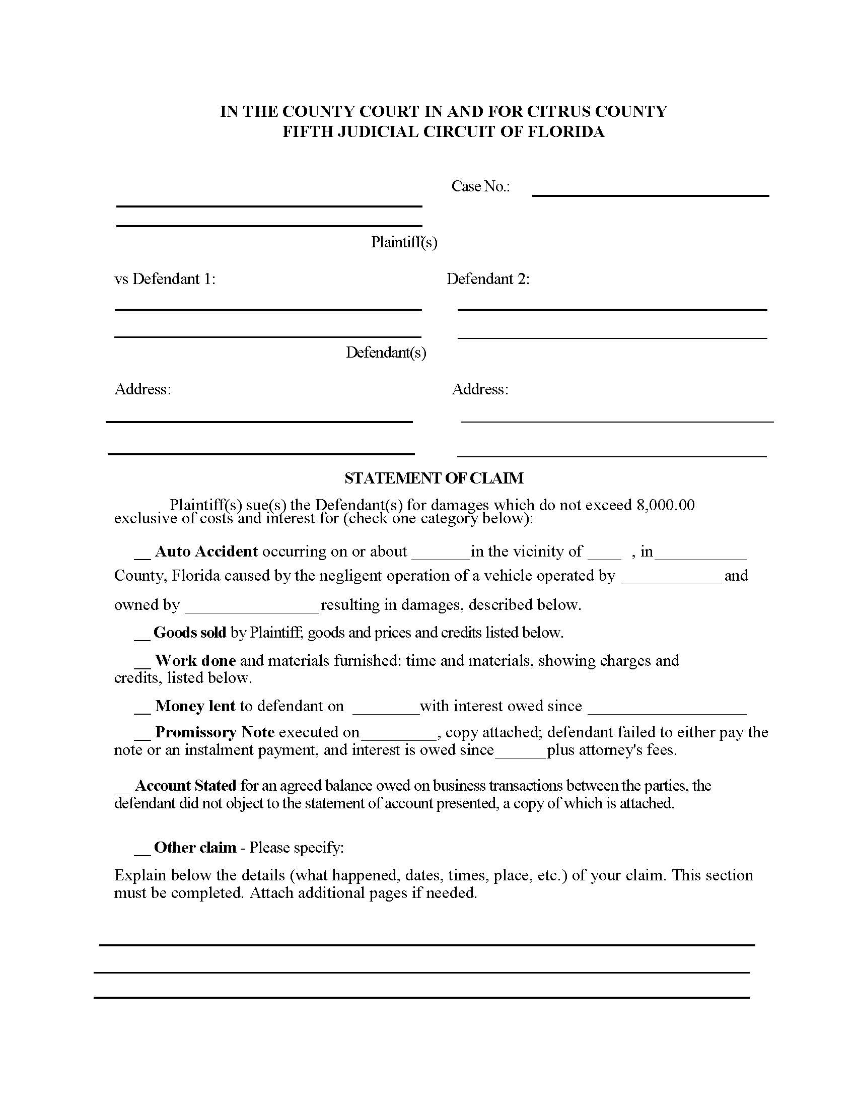 Statement Of Claim | Pdf Fpdf Docx | Florida