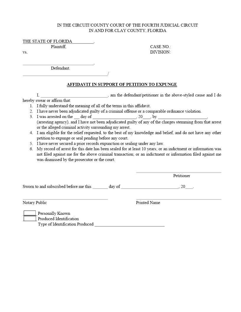 Affidavit In Support Of Petition To Expunge | Pdf Fpdf Doc Docx | Florida