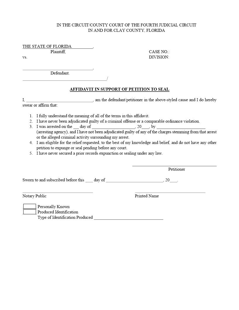 Affidavit In Support Of Petition To Seal | Pdf Fpdf Doc Docx | Florida