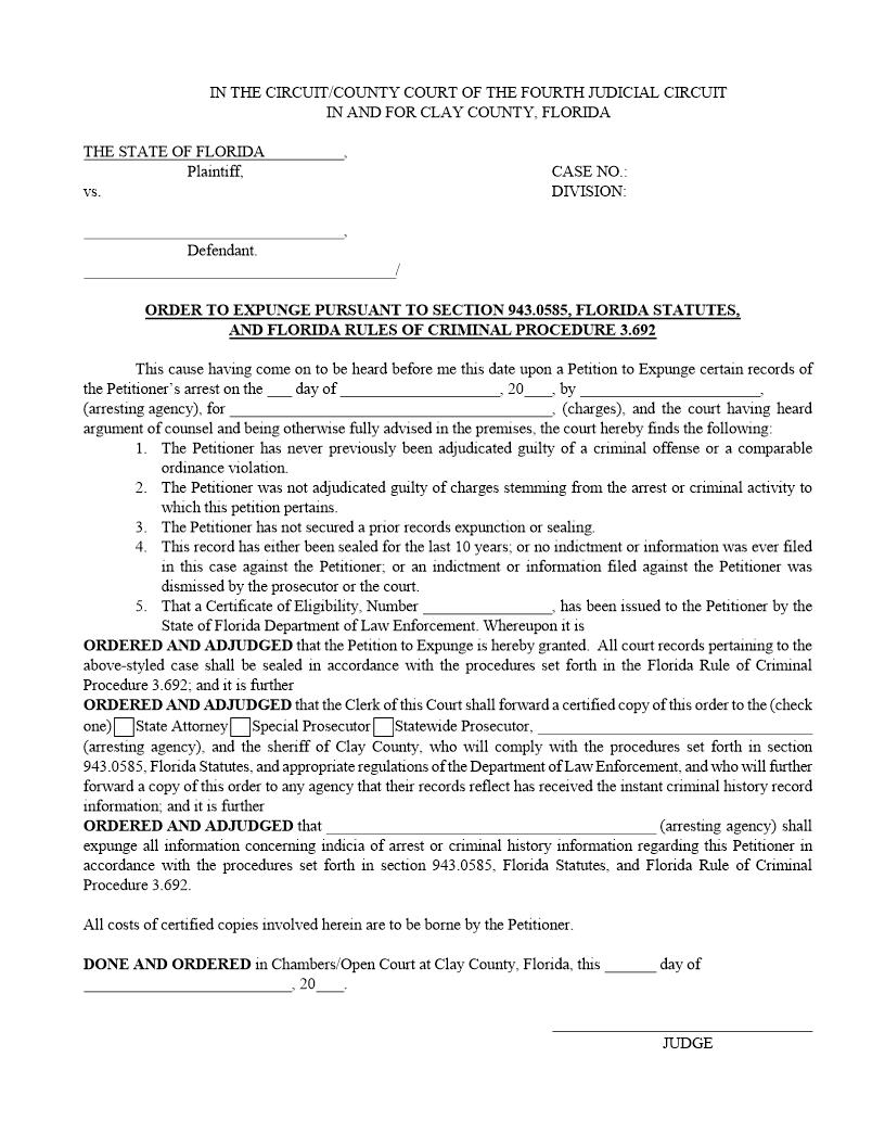 Order To Expunge SEC.943.0585 | Pdf Fpdf Doc Docx | Florida