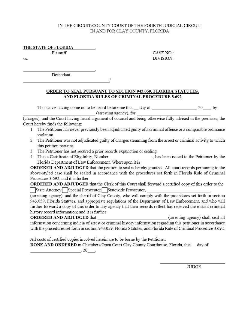 Order To Seal SEC.943.059 | Pdf Fpdf Doc Docx | Florida