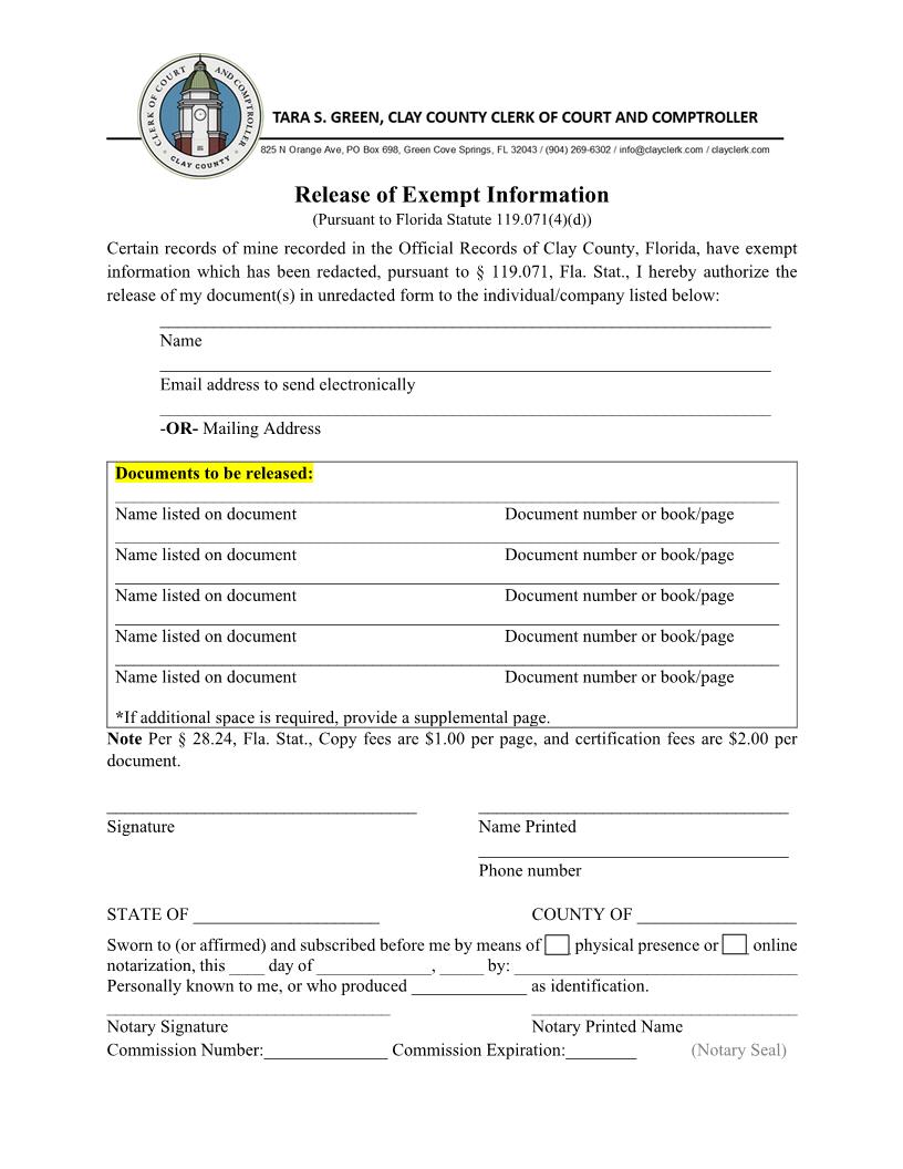 Release of Exempt Information | Pdf Fpdf Docx | Florida